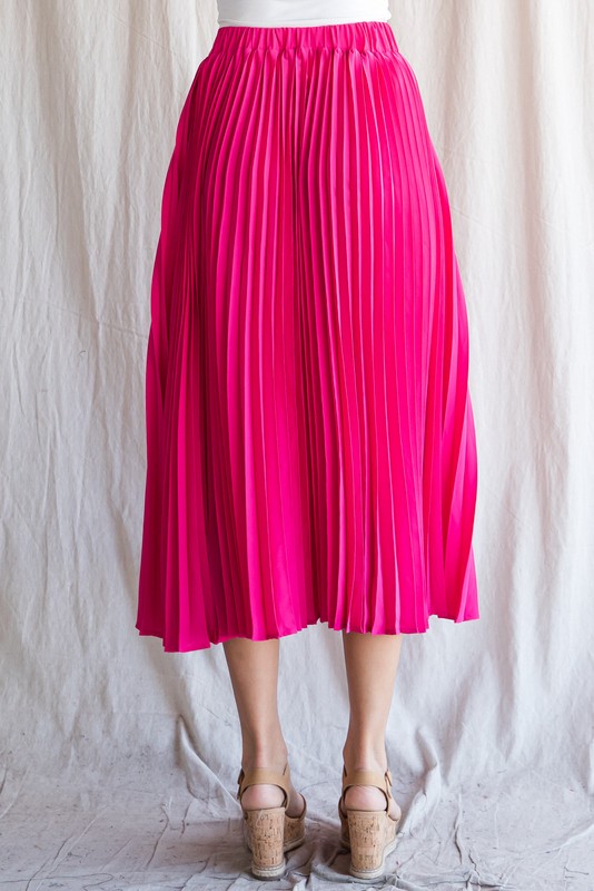 Solid Pleated Midi Skirt (Hot Pink - Plus Size)