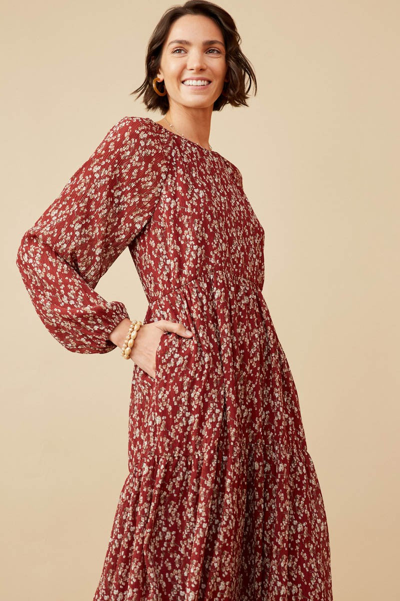 Textured Long Sleeve Floral Print Maxi Dress