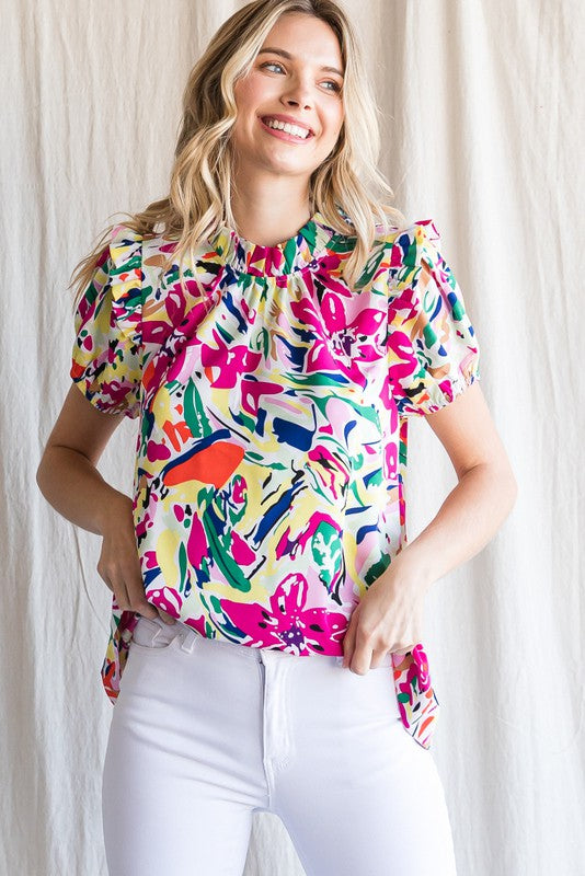 Puff Sleeve Abstract Print Blouse
