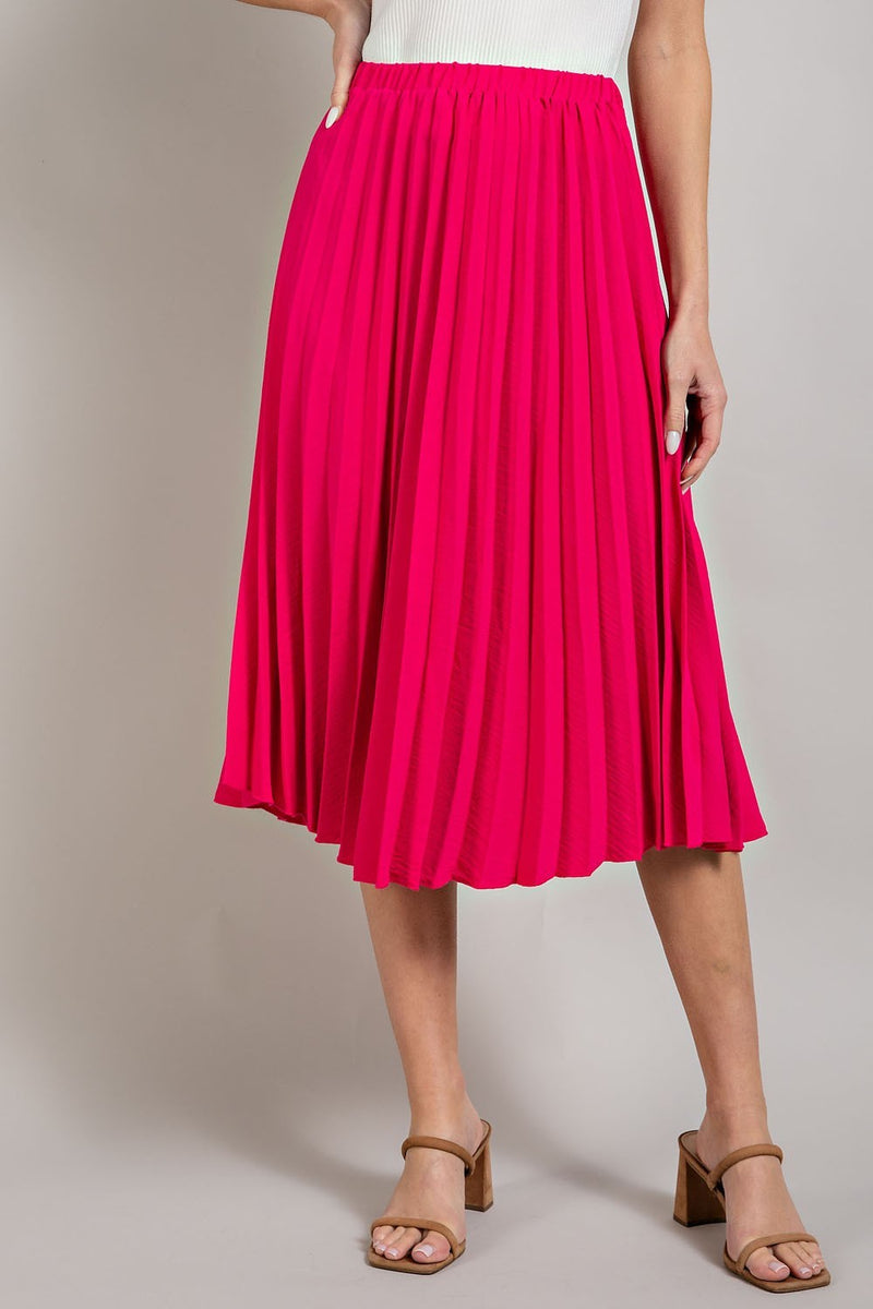 Elastic Waist Pleated Midi Skirt (Hot Pink)