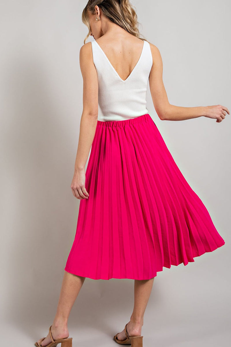 Elastic Waist Pleated Midi Skirt (Hot Pink)