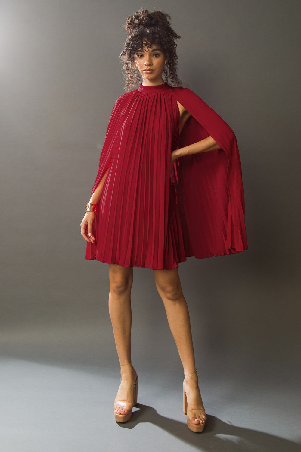 Mock Neck Pleated Cape Dress