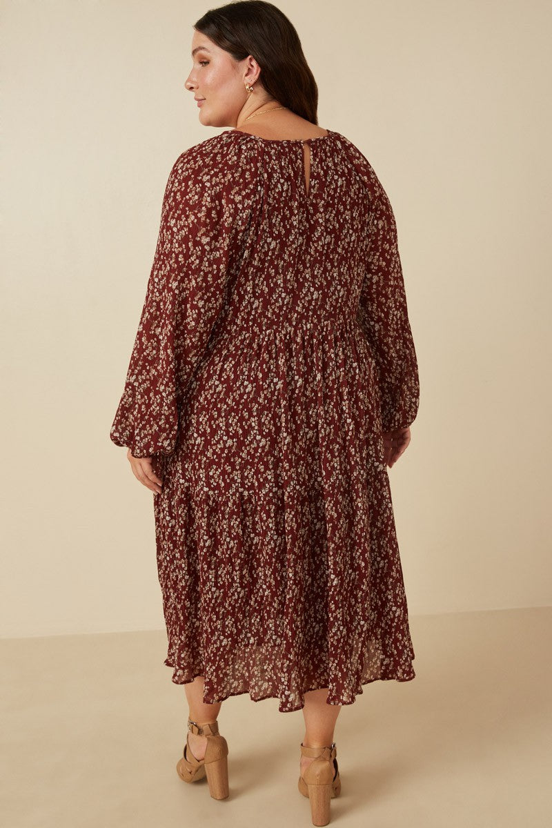 Textured Long Sleeve Floral Print Maxi Dress (Plus Size)