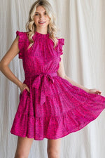 Floral Print Ruffle Sleeve Tie Belt Dress (Magenta - Plus Size)