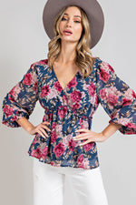 Floral Print Puff Sleeve Peplum Blouse