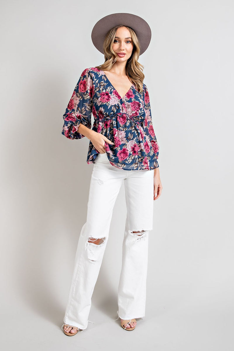 Floral Print Puff Sleeve Peplum Blouse