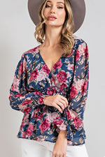 Floral Print Puff Sleeve Peplum Blouse