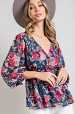 Floral Print Puff Sleeve Peplum Blouse