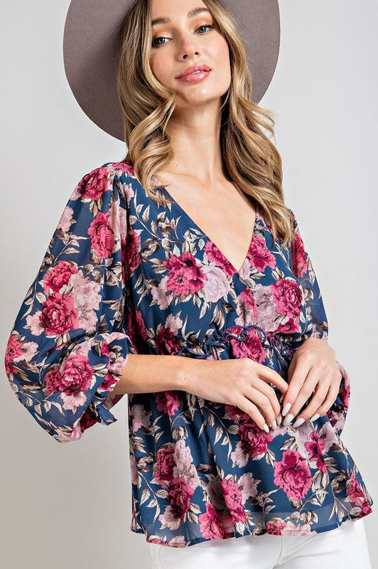 Floral Print Puff Sleeve Peplum Blouse