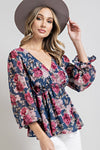 Floral Print Puff Sleeve Peplum Blouse