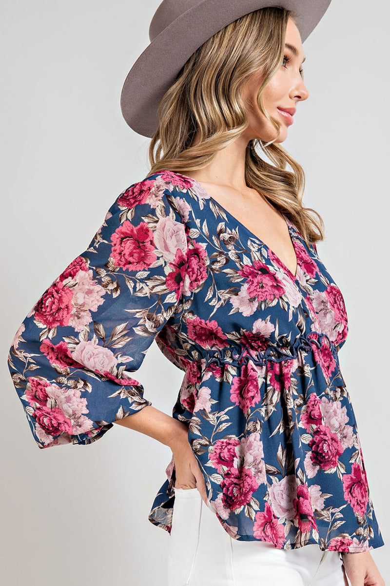 Floral Print Puff Sleeve Peplum Blouse