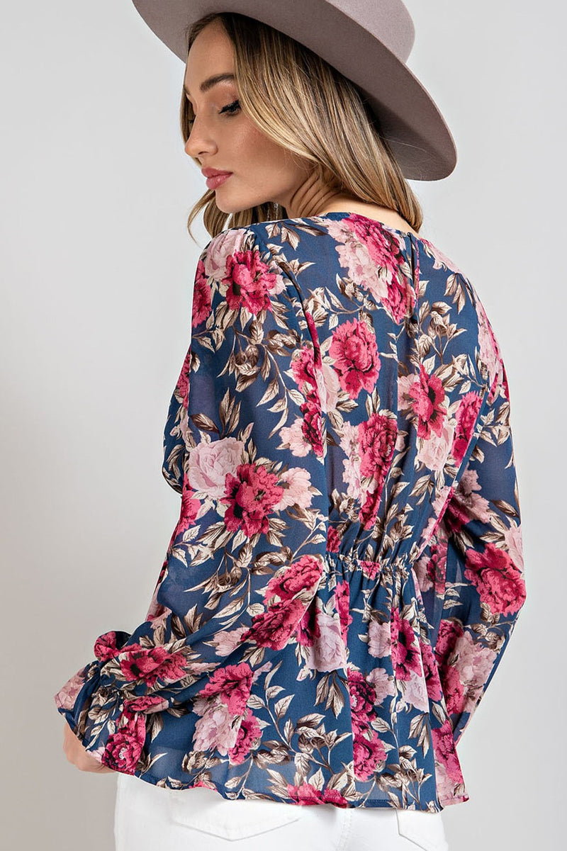 Floral Print Puff Sleeve Peplum Blouse