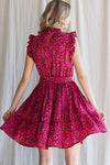 Floral Print Ruffle Sleeve Tie Belt Dress (Magenta - Plus Size)