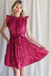 Floral Print Ruffle Sleeve Tie Belt Dress (Magenta - Plus Size)