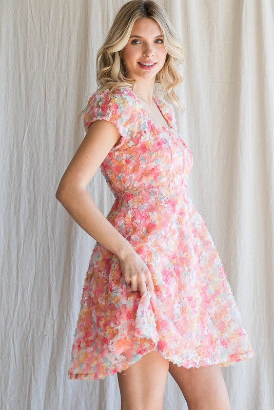 Short Sleeve Textured Flower Babydoll Dress