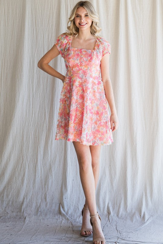 Short Sleeve Textured Flower Babydoll Dress