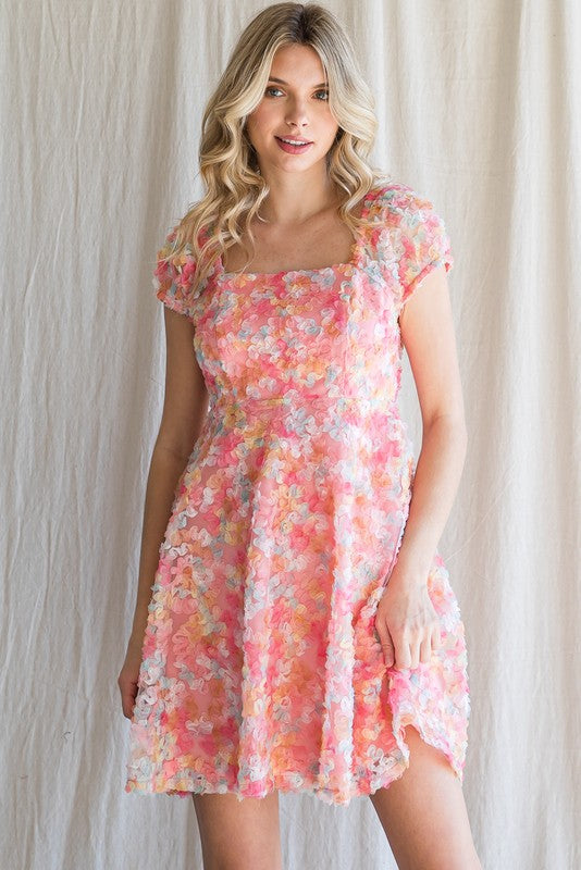 Short Sleeve Textured Flower Babydoll Dress