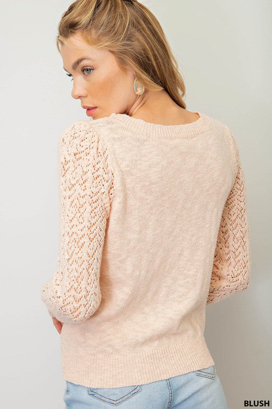 Pointelle Sleeve Light Knit Sweater (Blush)