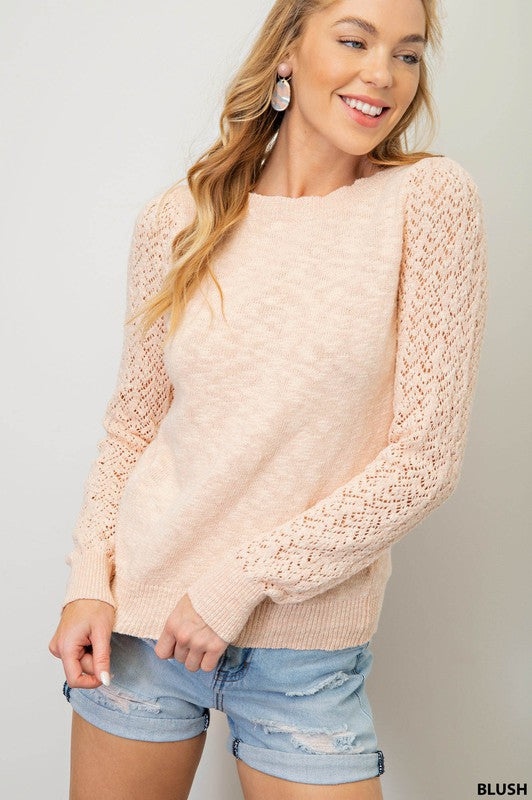 Pointelle Sleeve Light Knit Sweater (Blush)