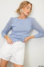 Pointelle Sleeve Light Knit Sweater (Sky Blue)