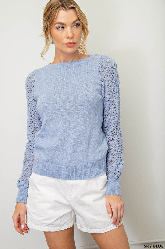 Pointelle Sleeve Light Knit Sweater (Sky Blue)