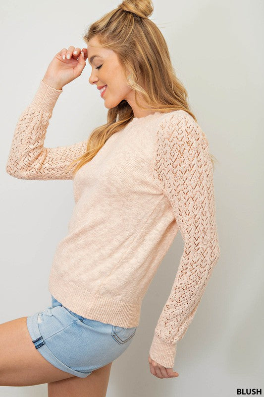 Pointelle Sleeve Light Knit Sweater (Blush)