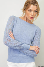 Pointelle Sleeve Light Knit Sweater (Sky Blue)