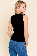 Ruffle Detail Sleeveless Ribbed Top (Black)
