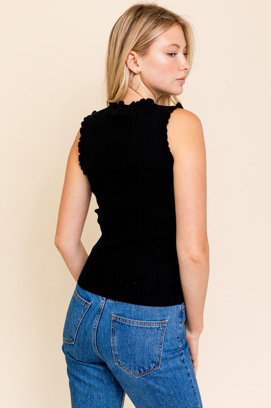 Ruffle Detail Sleeveless Ribbed Top (Black)