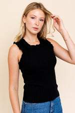 Ruffle Detail Sleeveless Ribbed Top (Black)