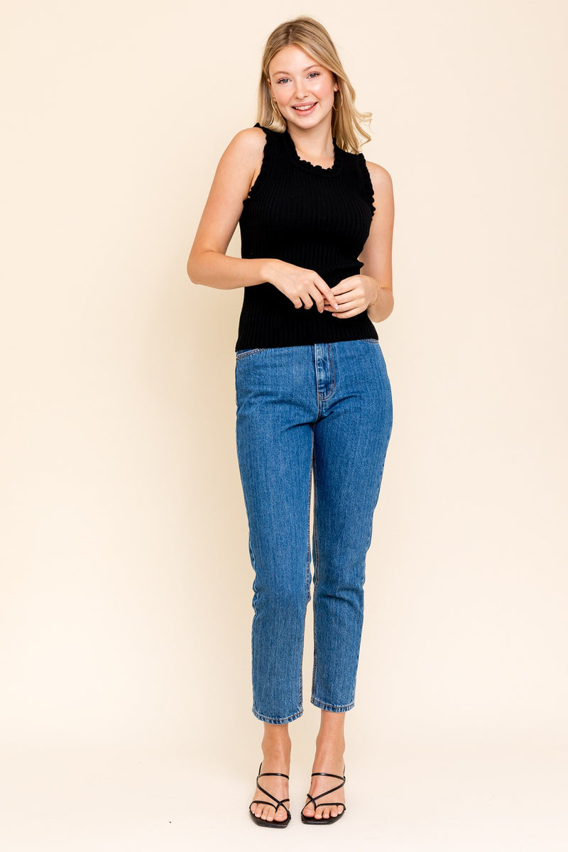 Ruffle Detail Sleeveless Ribbed Top (Black)