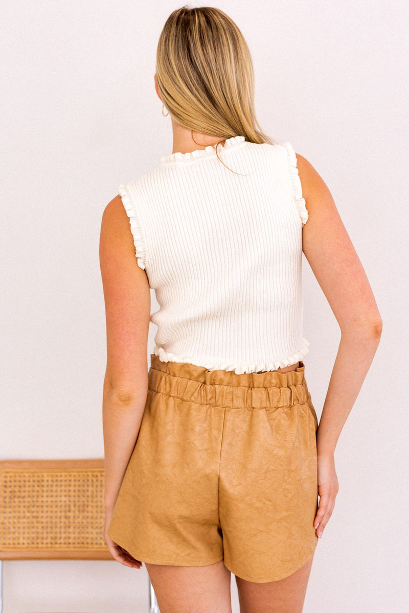 Ruffle Detail Sleeveless Ribbed Top (Ivory)