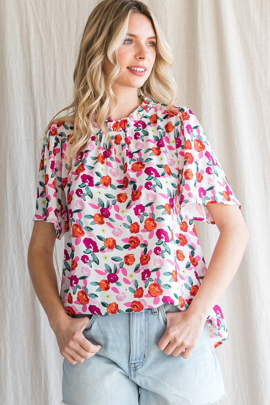 Floral Print Frill Neck Top