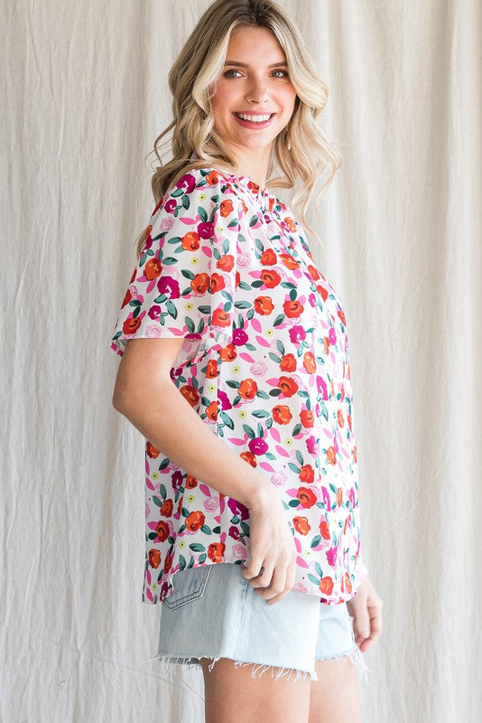 Floral Print Frill Neck Top