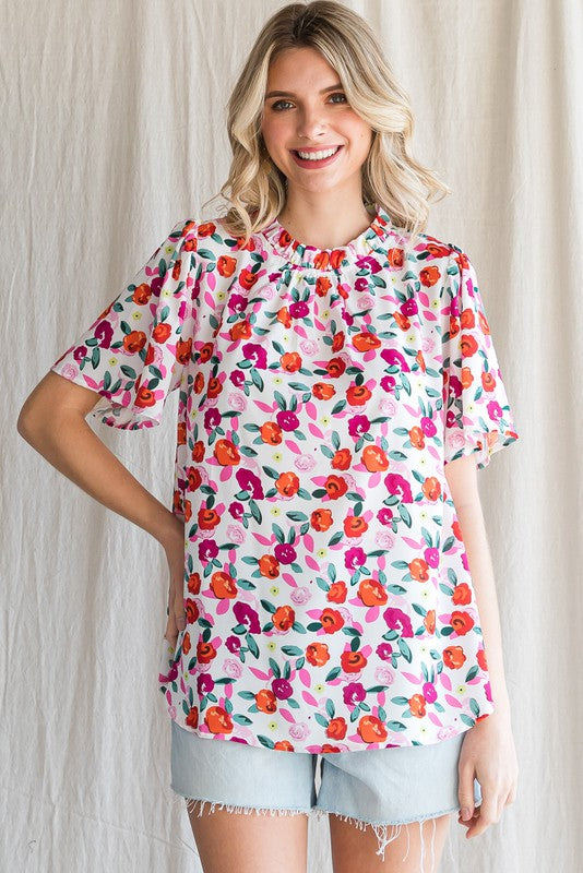 Floral Print Frill Neck Top