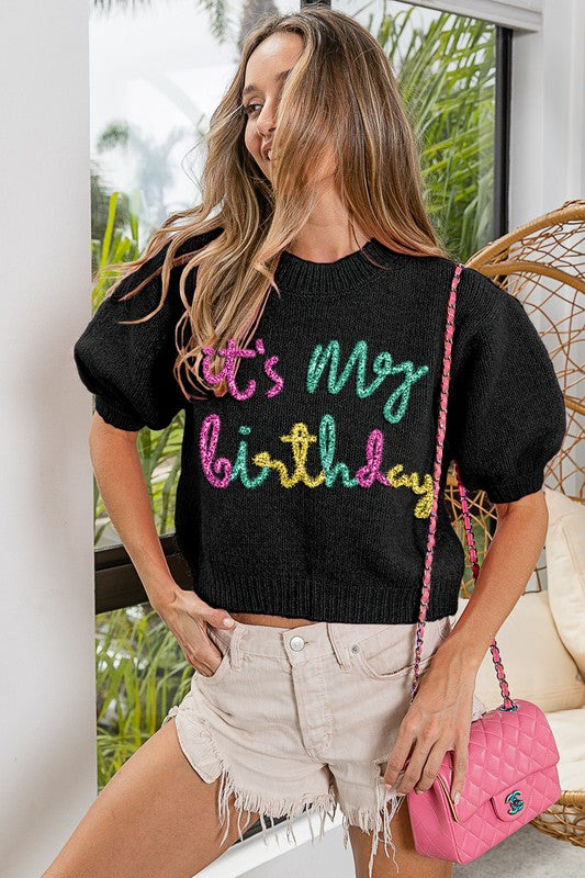 Puff Sleeve "It's My Birthday" Metallic Letter Sweater (Black)