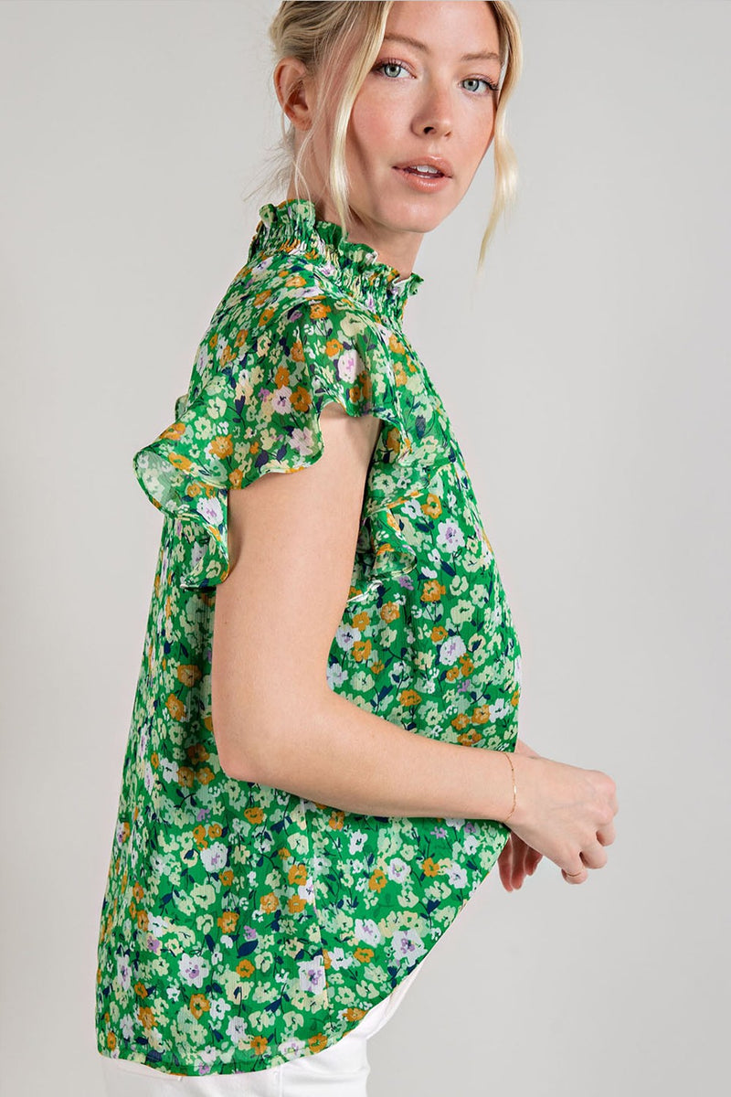 Smocked Neck Floral Print Blouse (Green)