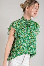 Smocked Neck Floral Print Blouse (Green)