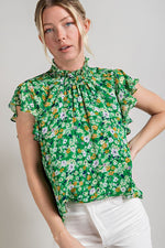 Smocked Neck Floral Print Blouse (Green)