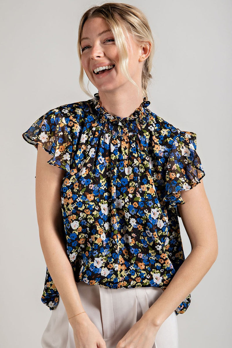 Smocked Neck Floral Print Blouse (Black)