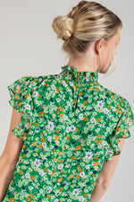 Smocked Neck Floral Print Blouse (Green)