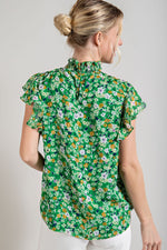 Smocked Neck Floral Print Blouse (Green)