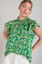 Smocked Neck Floral Print Blouse (Green)