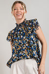 Smocked Neck Floral Print Blouse (Black)