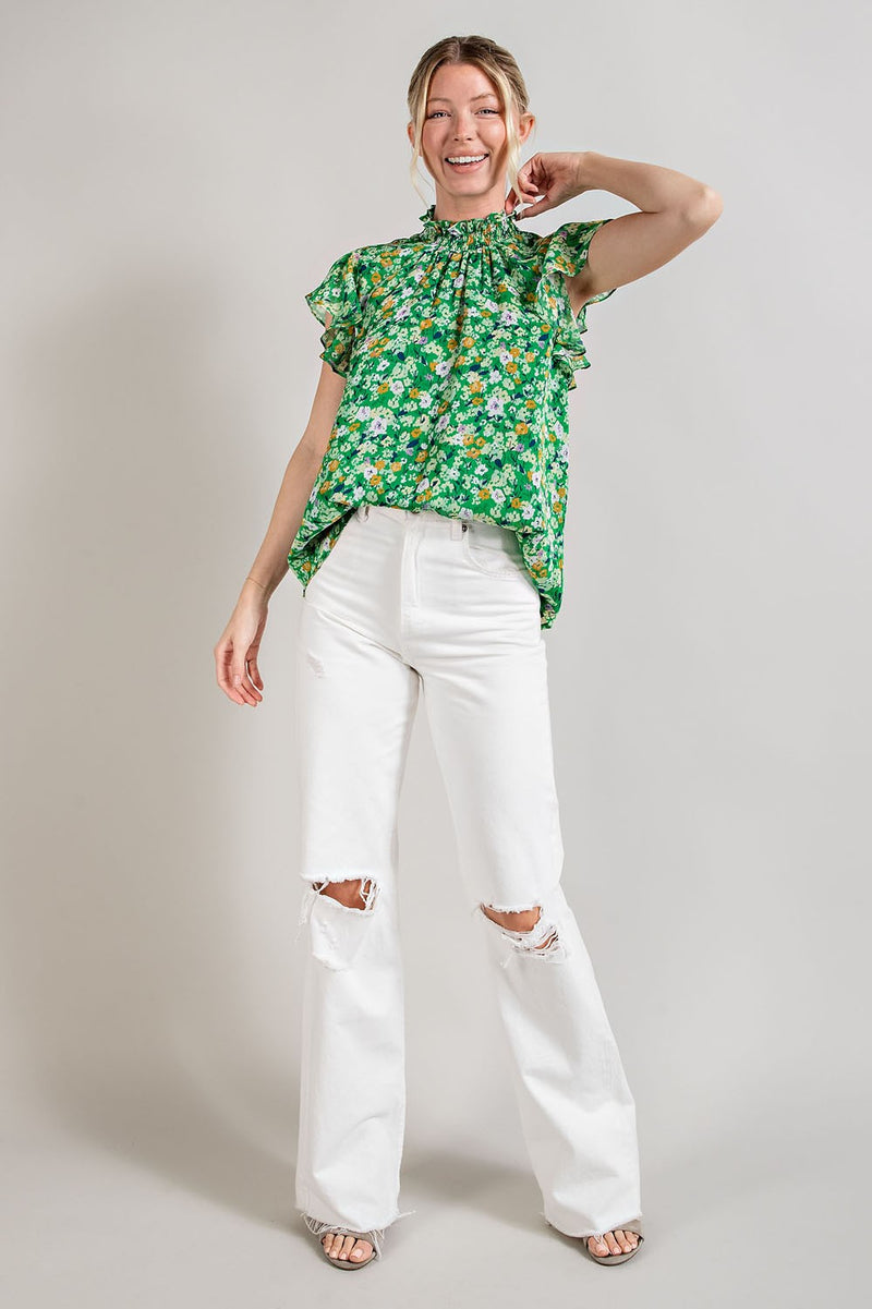 Smocked Neck Floral Print Blouse (Green)