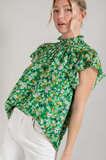 Smocked Neck Floral Print Blouse (Green)