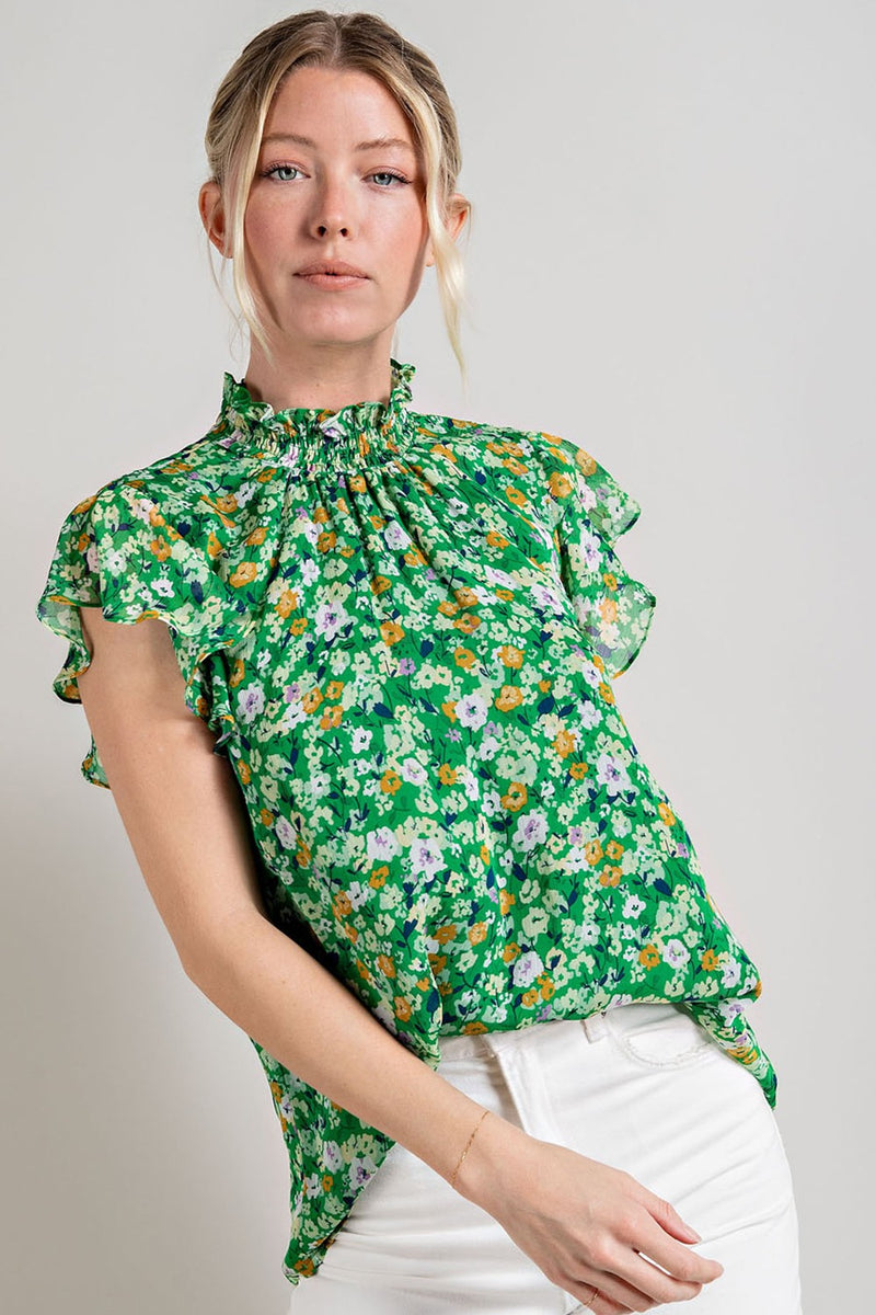 Smocked Neck Floral Print Blouse (Green)