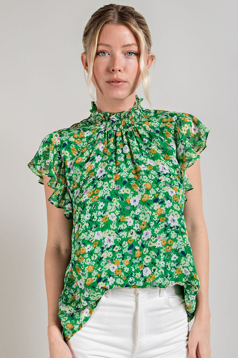 Smocked Neck Floral Print Blouse (Green)