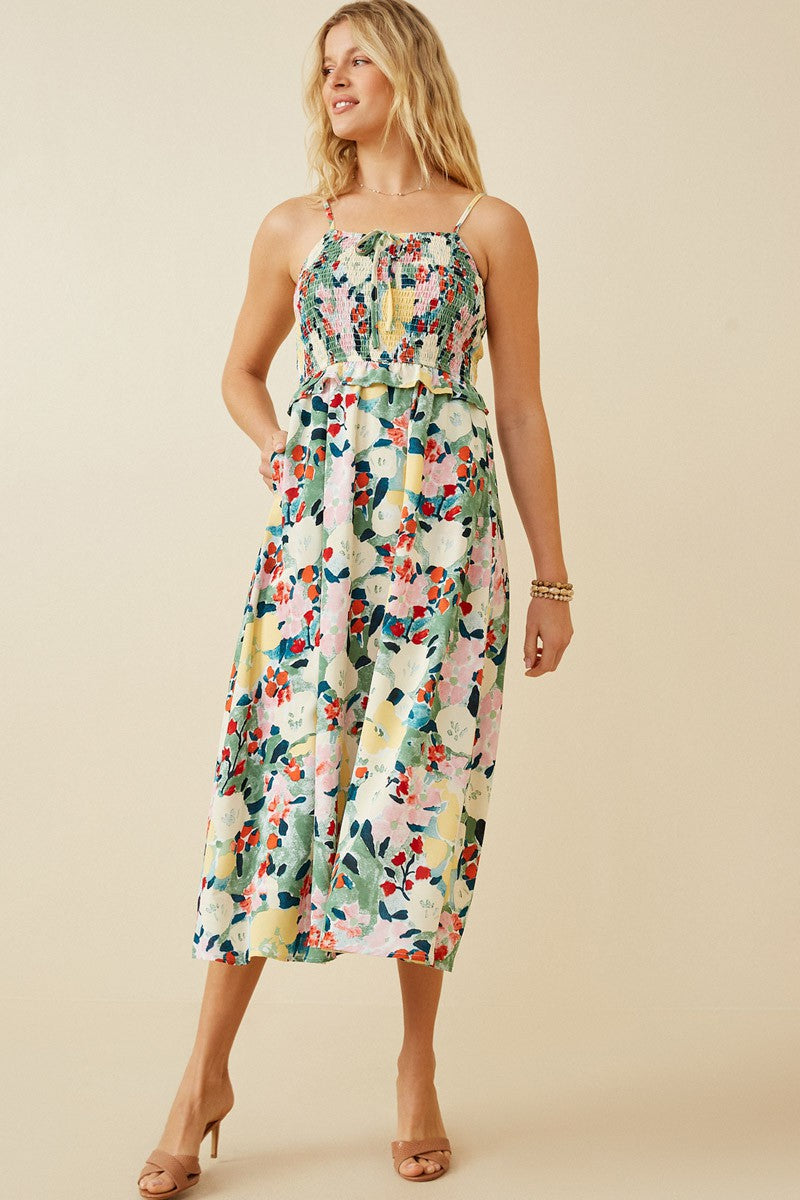 Floral Print Smocked Bust Midi Dress