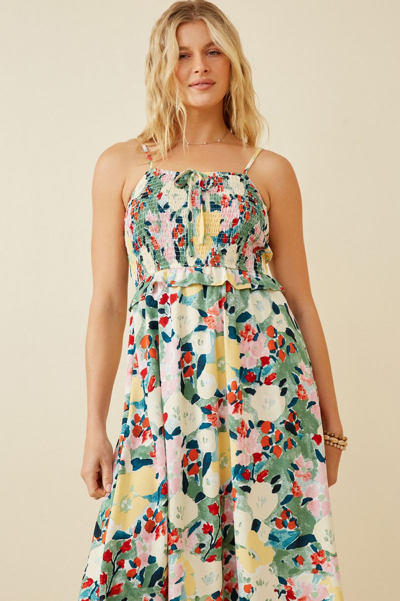 Floral Print Smocked Bust Midi Dress